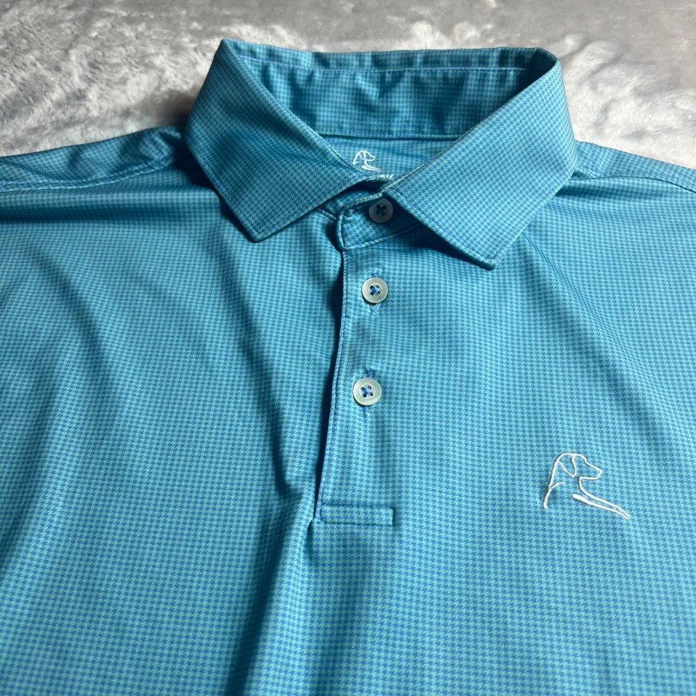 Rhoback Men M Polo Shirt Blue Teal Houndstooth Performance Golf Short Sleeve